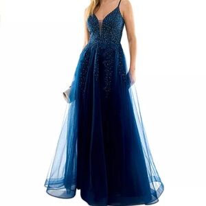 Navy tulle lace back prom dress